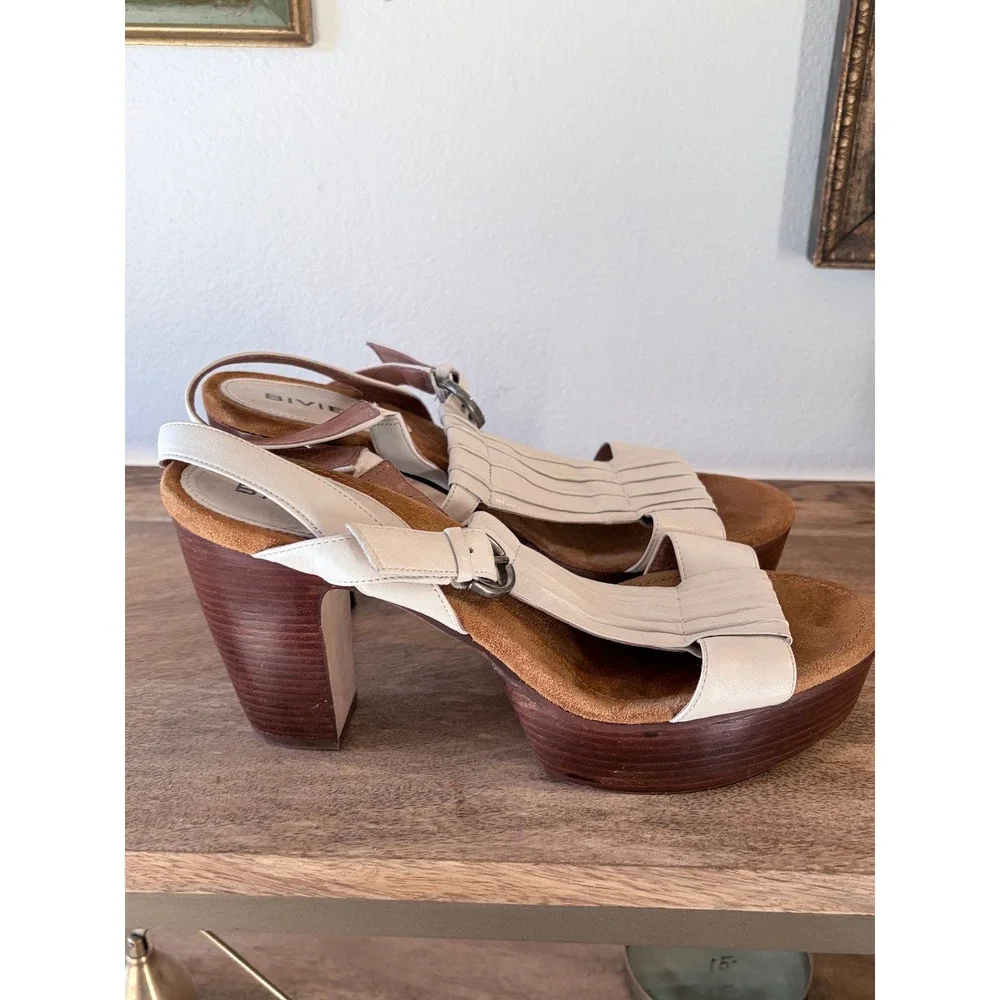 Biviel Italian‎ Cream Leather Pleated Platform Block Heel Slingback Sandals 39